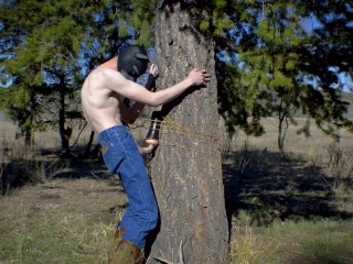 'This Redneck Man Screwed a Fleshlight Strapped to a Tree in a Pine Forest! / Blue Jeans / Boots'